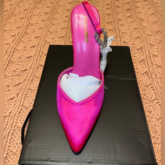 Satin pink heels w/ rhinestone ankle strap - Picture 2 of 3